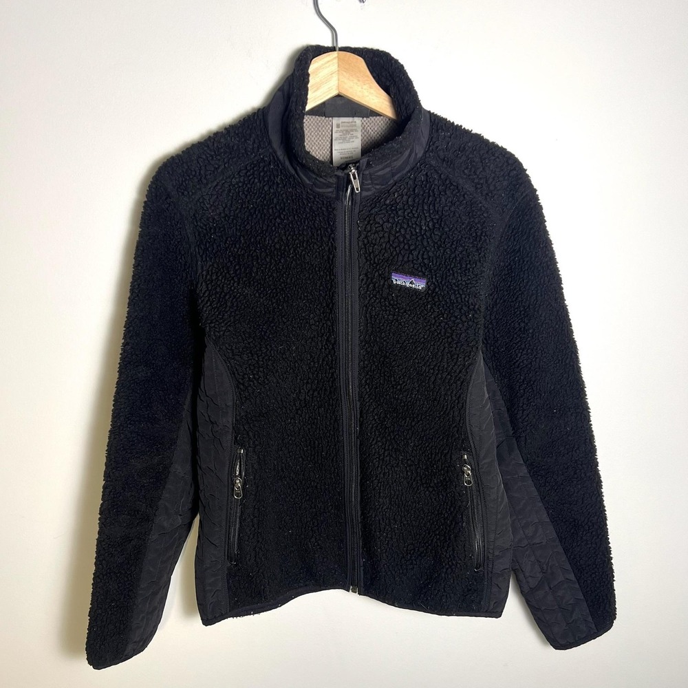 Patagonia Jacket Womens Medium Black Fleece Full Zip Quilted Pockets Warm